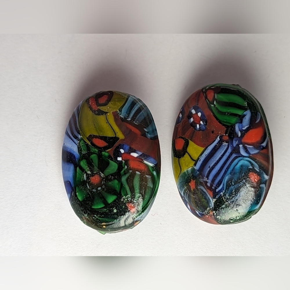 Vintage handmade glass earrings blue red green large oval clasp backs